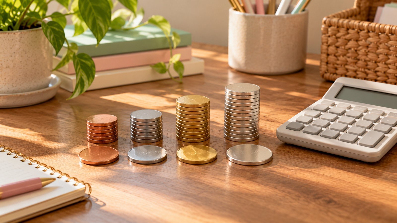 Bronze, silver, gold and platinum discs beside coin stacks of different heights