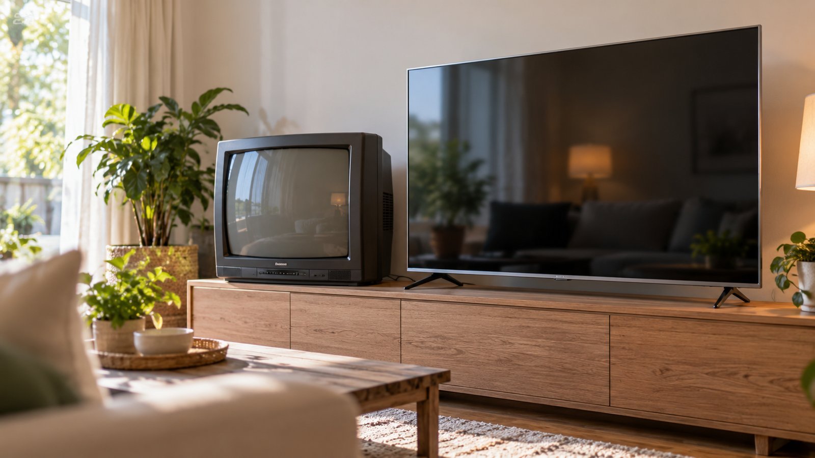 An older television beside a brand new television in a living room, no text on screens - Actual Cash Value Versus Replacement Cost