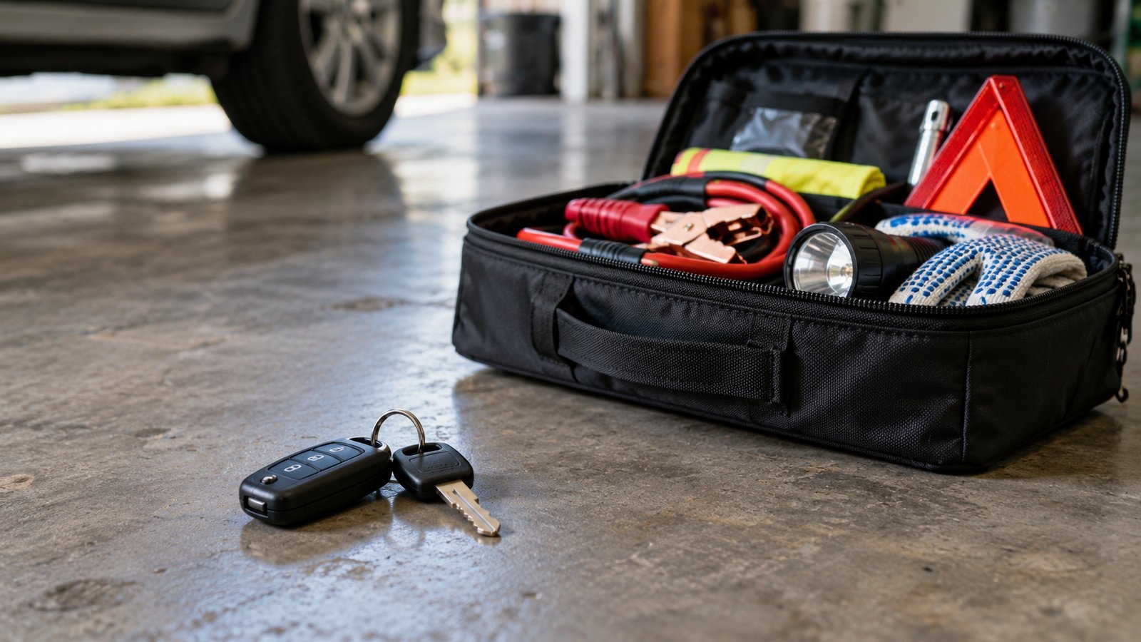 A roadside emergency kit and a set of car keys on a garage floor - Add-On Coverages and the Deductible Trade-Off
