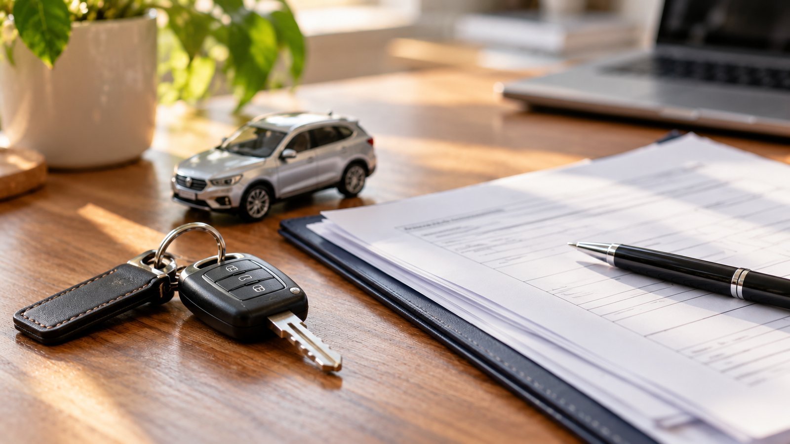 Car keys and policy-style papers on a desk with a toy car model - Types of Auto Insurance Coverage: Liability, Collision, Comprehensive and More