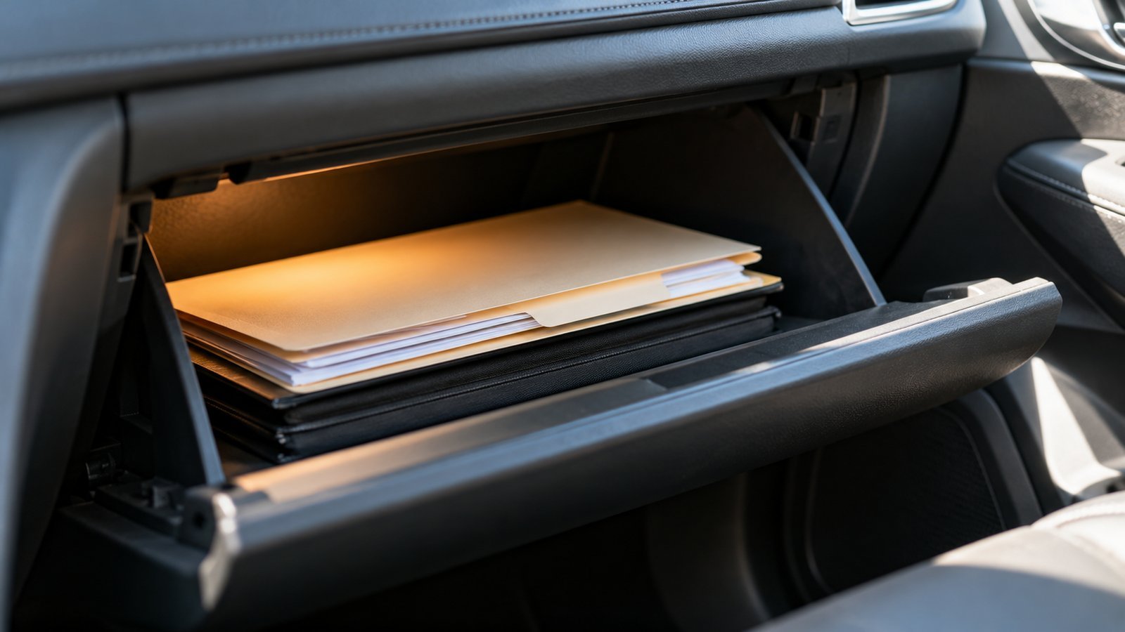 An open glovebox with a folder of papers inside, no readable text - State Requirements, Proof and Lapses