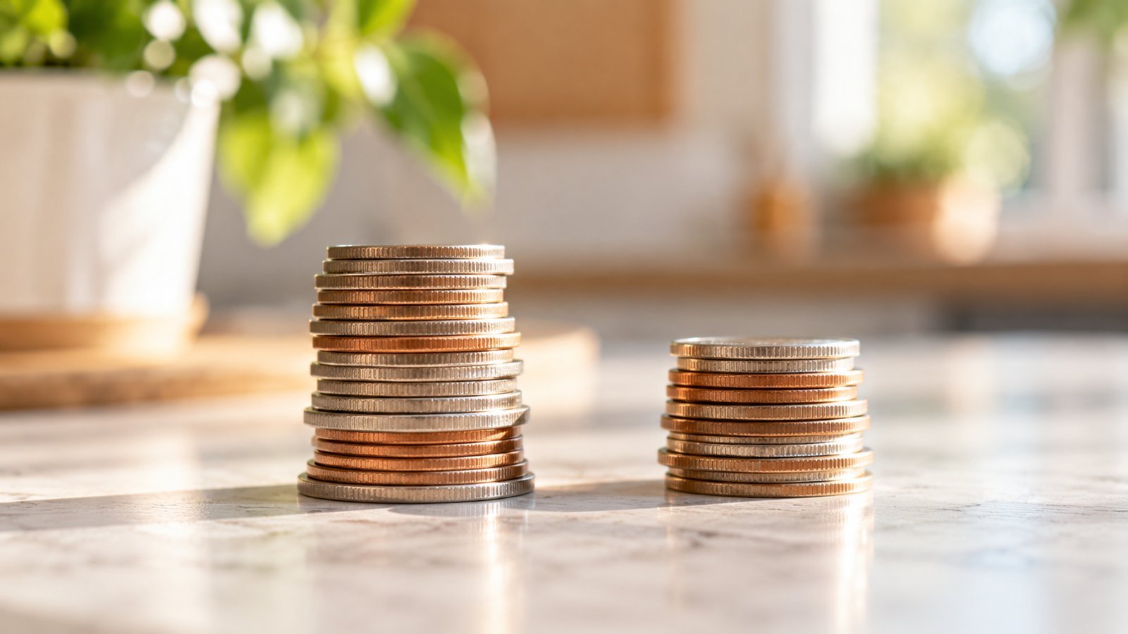 Two unequal stacks of coins side by side on a light surface representing a cost split - Coinsurance, a Percentage Share