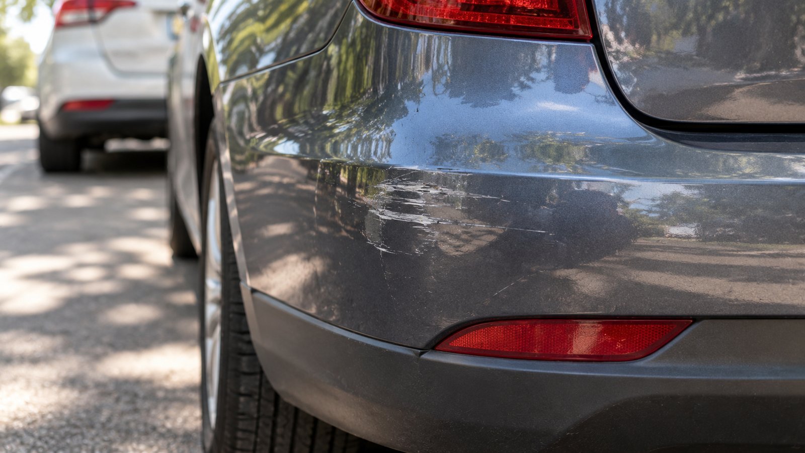 Close-up of a minor bumper scuff on a parked car, no plate visible - Collision Coverage: Your Car After a Crash