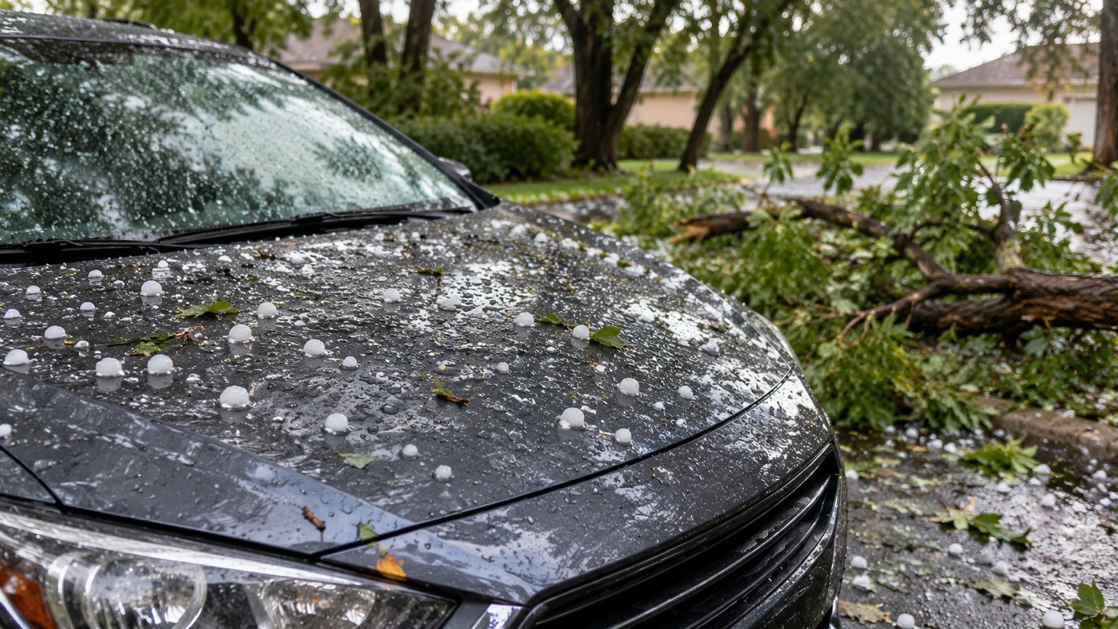 A car parked outside with hailstones on the hood and a fallen branch nearby - Comprehensive Coverage: Losses That Are Not Crashes
