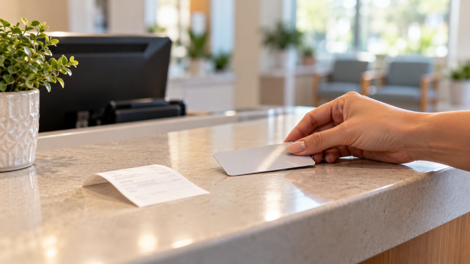 A hand placing a plastic card on a clinic reception counter next to a small receipt, hand only, no face - The Copayment, a Flat Fee