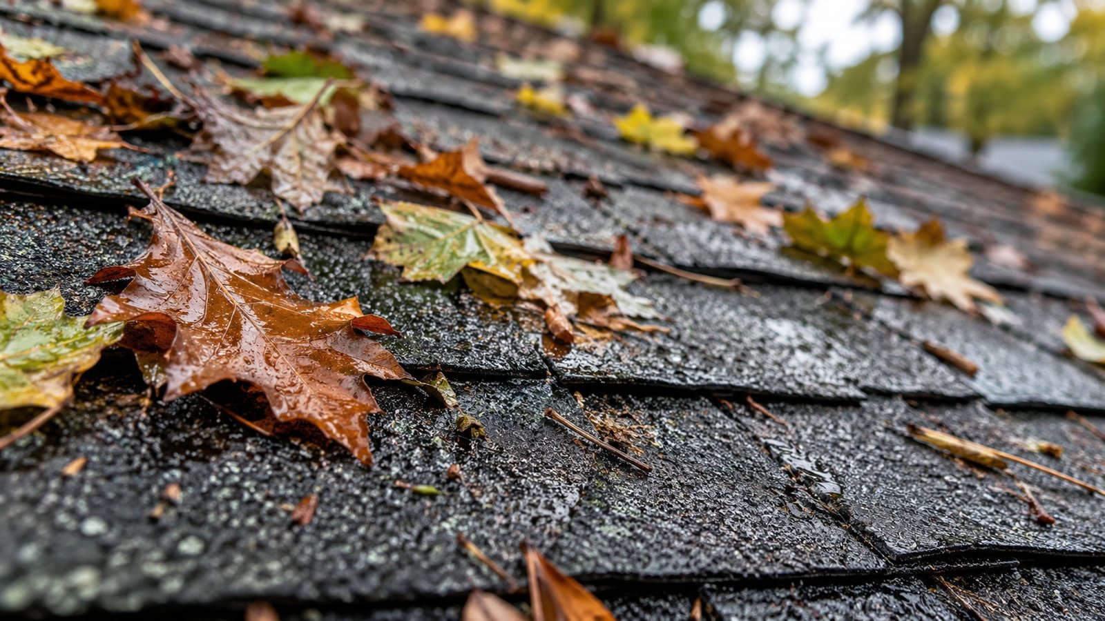 Close-up of asphalt roof shingles with scattered leaves after a storm - Deductibles, Special Percentages and Valuation