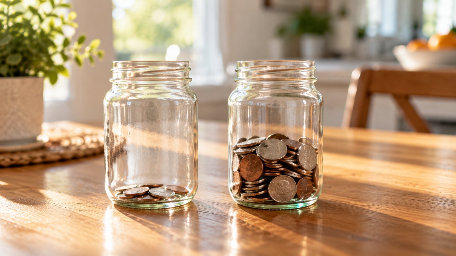 Two glass jars on a table, one nearly empty and one half full of coins, suggesting a deductible being met - The Deductible and How It Works