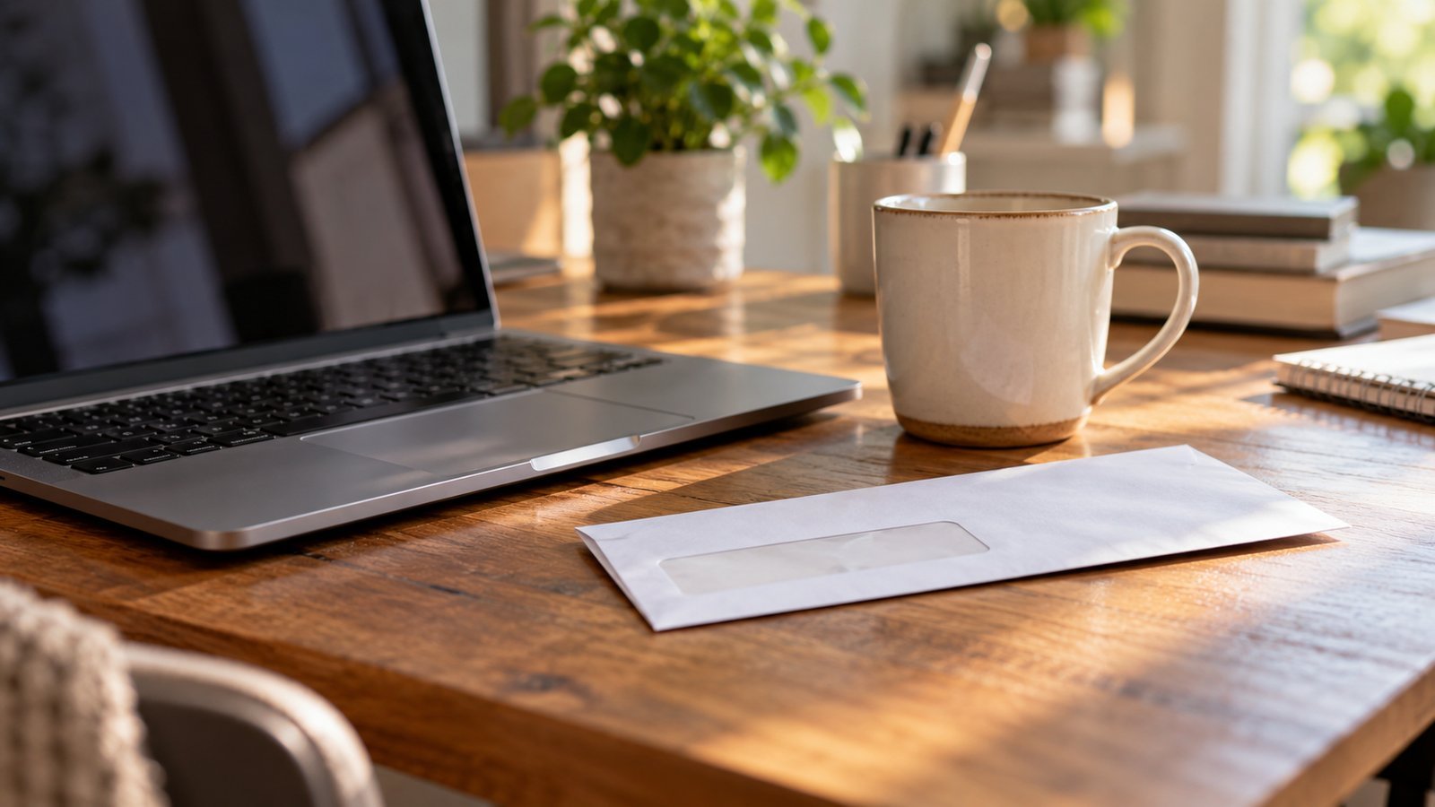 A laptop, a pay envelope and a mug on a home office desk - Disability Insurance Basics: Short-Term vs Long-Term Income Protection