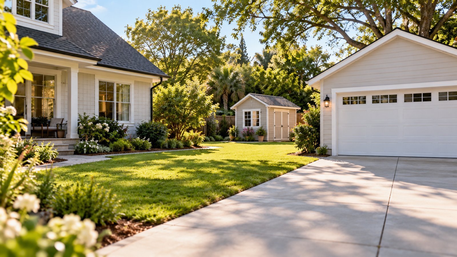 A house with a detached garage and a garden shed in daylight - The Property Coverages: A, B and C