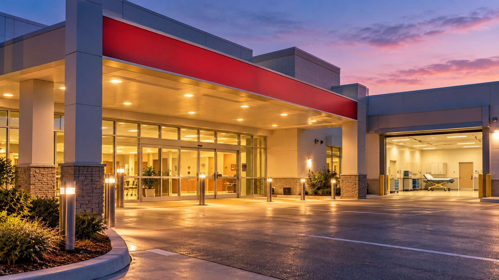 Hospital emergency department entrance with an empty ambulance bay at dusk