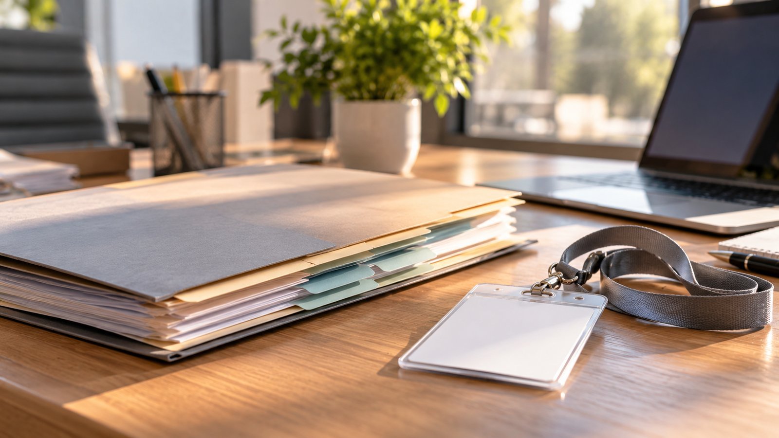 A benefits folder and a blank lanyard badge on an office desk, no text - Coverage From a Job, a Parent or a Spouse