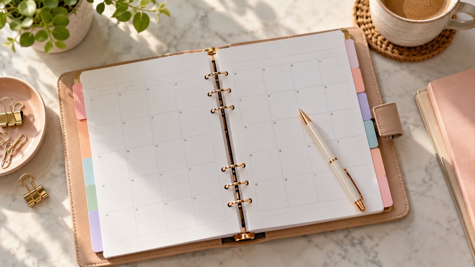 A planner open to a month view with colored tabs and a pen, overhead view - A Practical Calendar for the Season