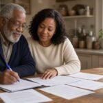 Older man reviewing final expense planning papers with his adult daughter