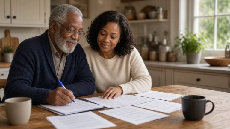 Older man reviewing final expense planning papers with his adult daughter