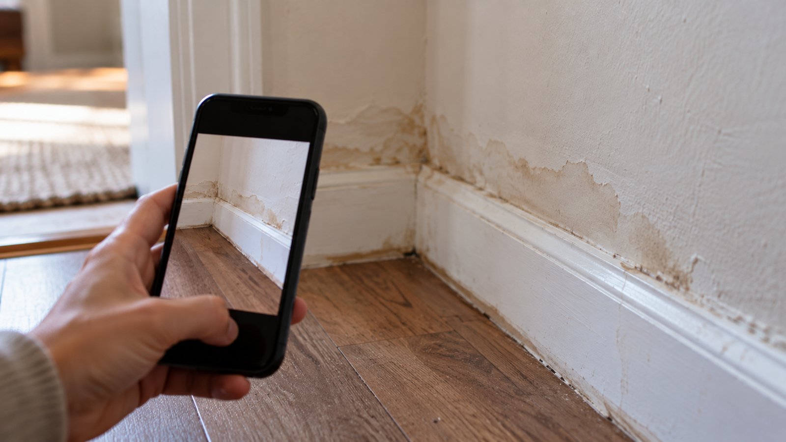 A hand photographing a water-stained baseboard with a smartphone - Filing a Flood Claim in General Terms