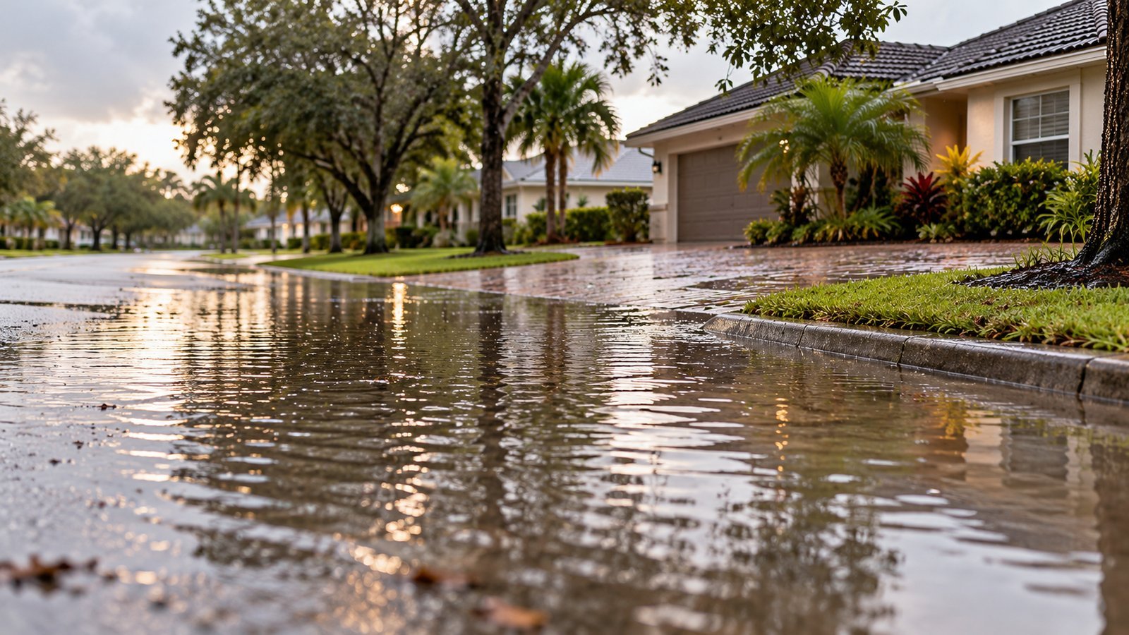 A suburban street with shallow floodwater near a house after heavy rain, no people - Flood Insurance Basics: What the NFIP Covers and Why Homeowners Policies Do Not
