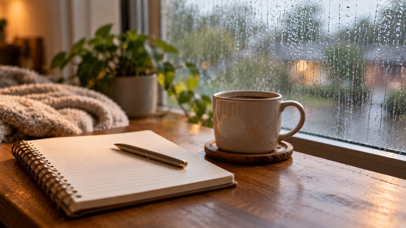 A notepad and coffee on a table near a rain-streaked window - Frequently Asked Questions