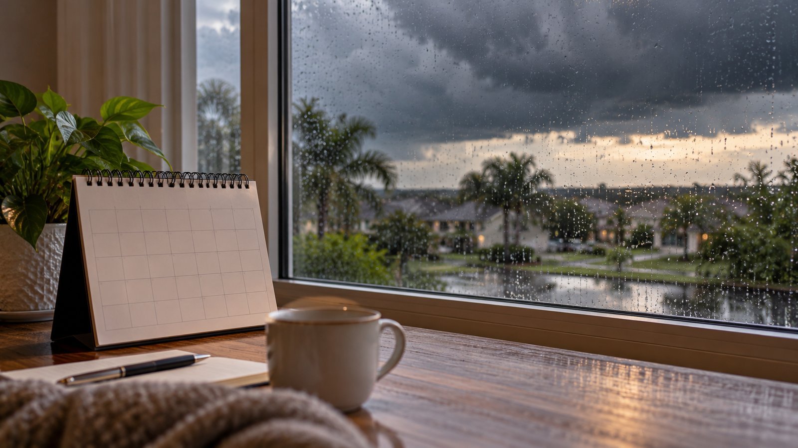 A desk calendar by a window with dark rain clouds outside - The Waiting Period and Timing