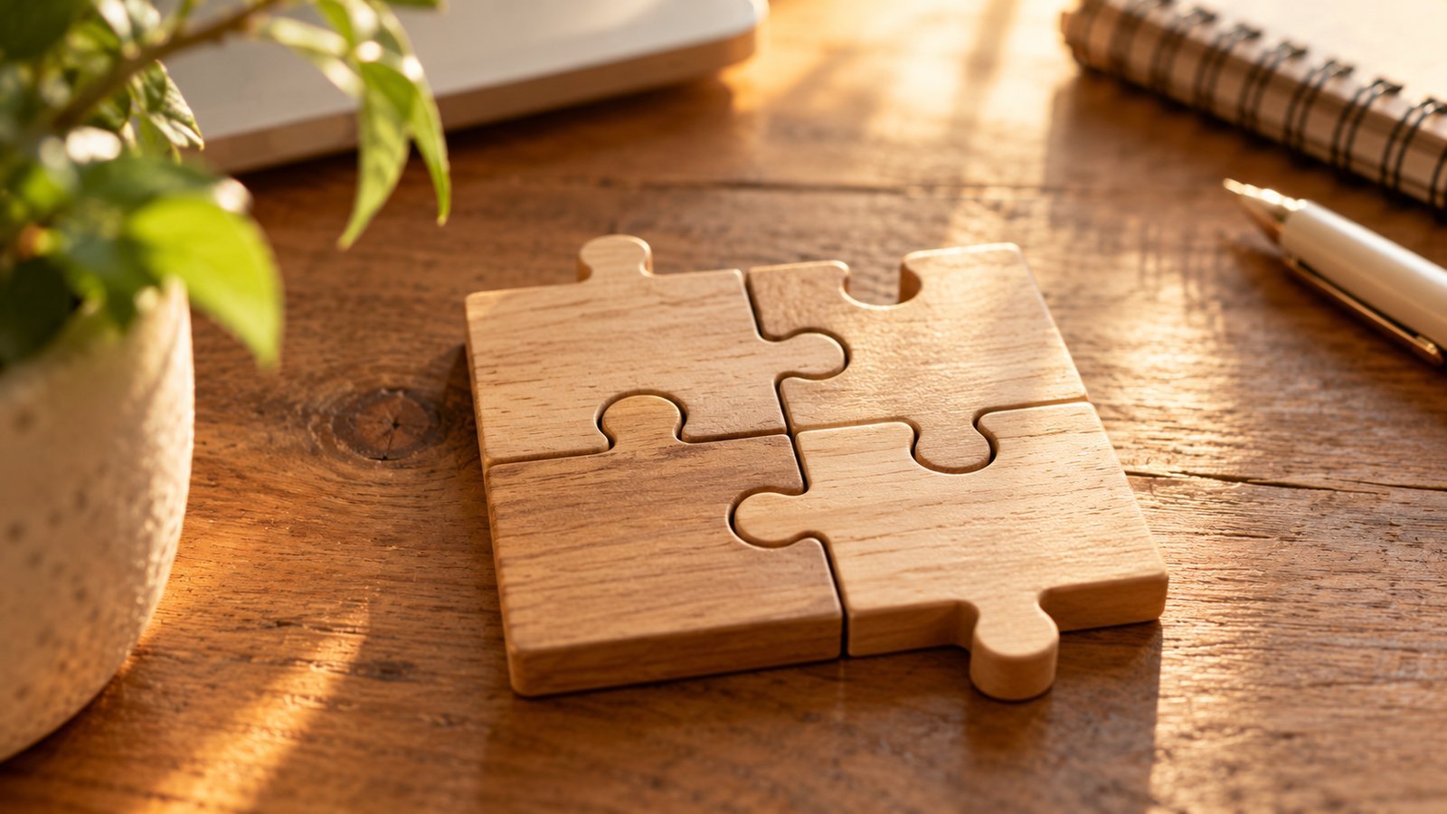 Four wooden puzzle pieces fitting together on a desk in warm light - Putting the Four Terms Together