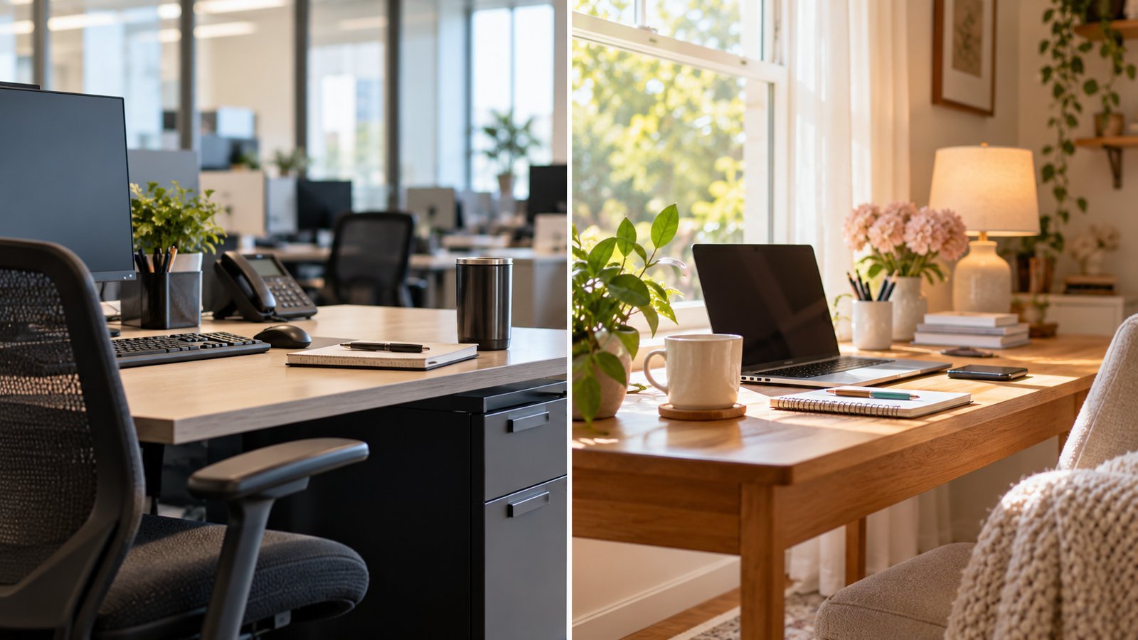 A workplace desk and a home desk shown side by side in one frame - Group Coverage Versus Individual Coverage