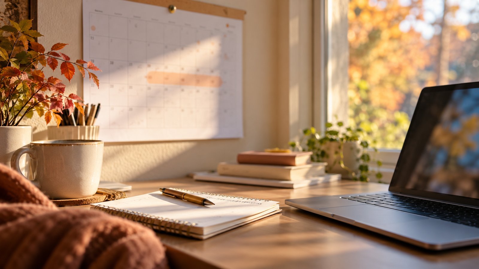 A wall calendar with a blurred highlighted date range next to a laptop and notepad on a desk in autumn light - Health Insurance Open Enrollment and Special Enrollment Periods Explained