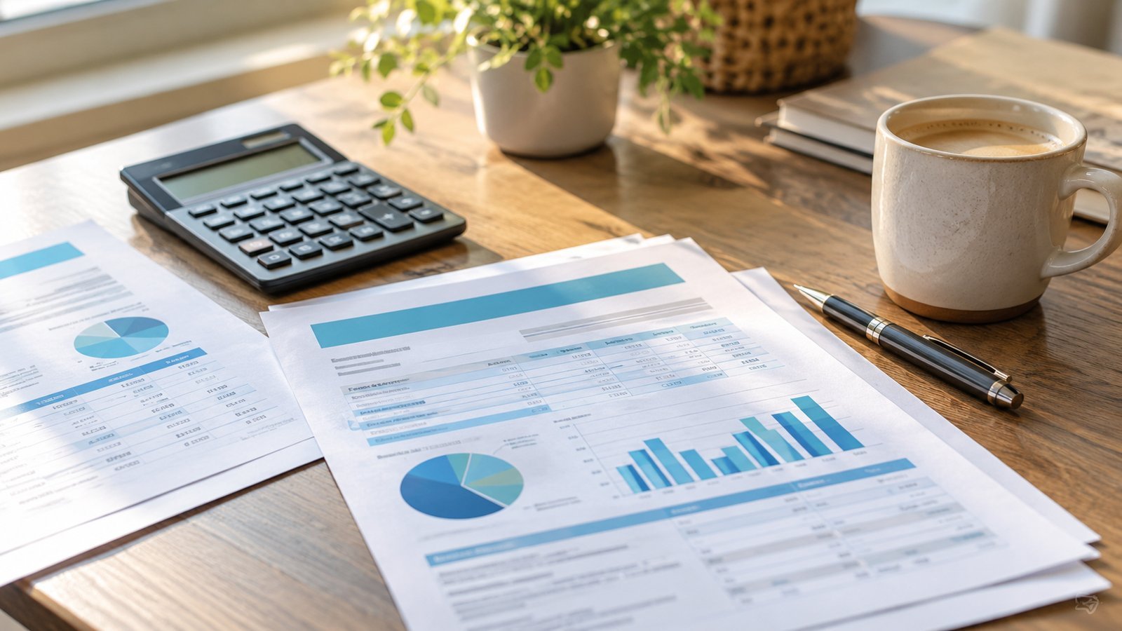 Health insurance plan summary papers, a calculator and a pen on a tidy wooden desk beside a coffee mug - Deductible, Copay, Coinsurance and Out-of-Pocket Maximum: What Each Term Means
