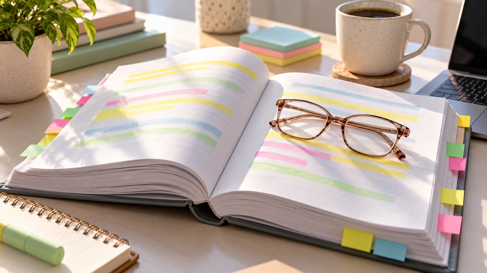 Open insurance policy booklet with highlighted lines, sticky tabs and reading glasses