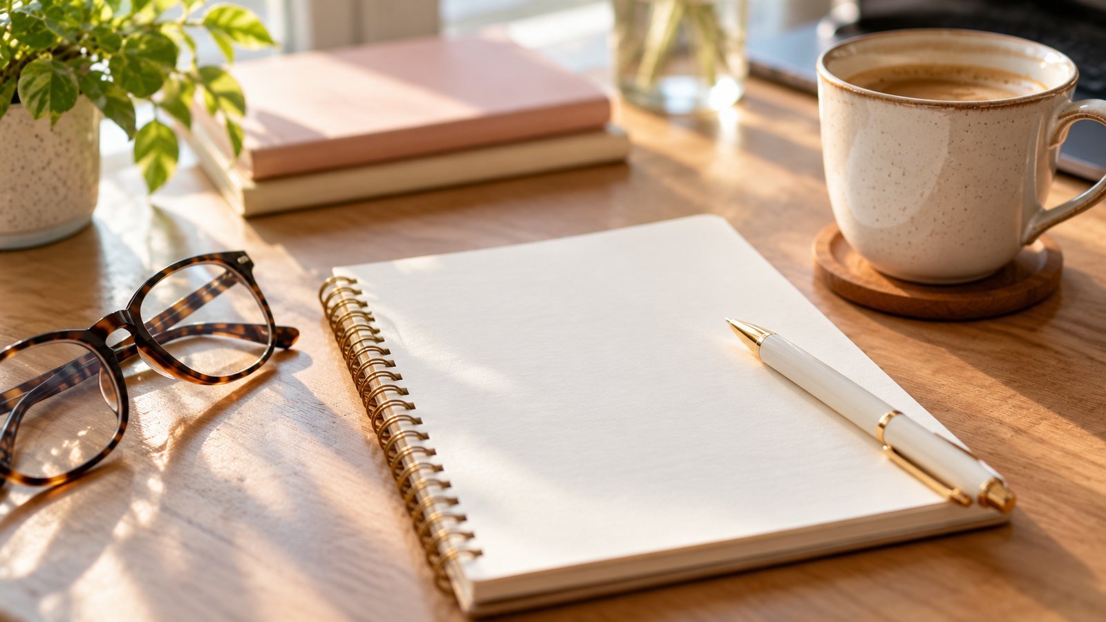A blank notepad with a pen, coffee cup and glasses on a desk - Frequently Asked Questions