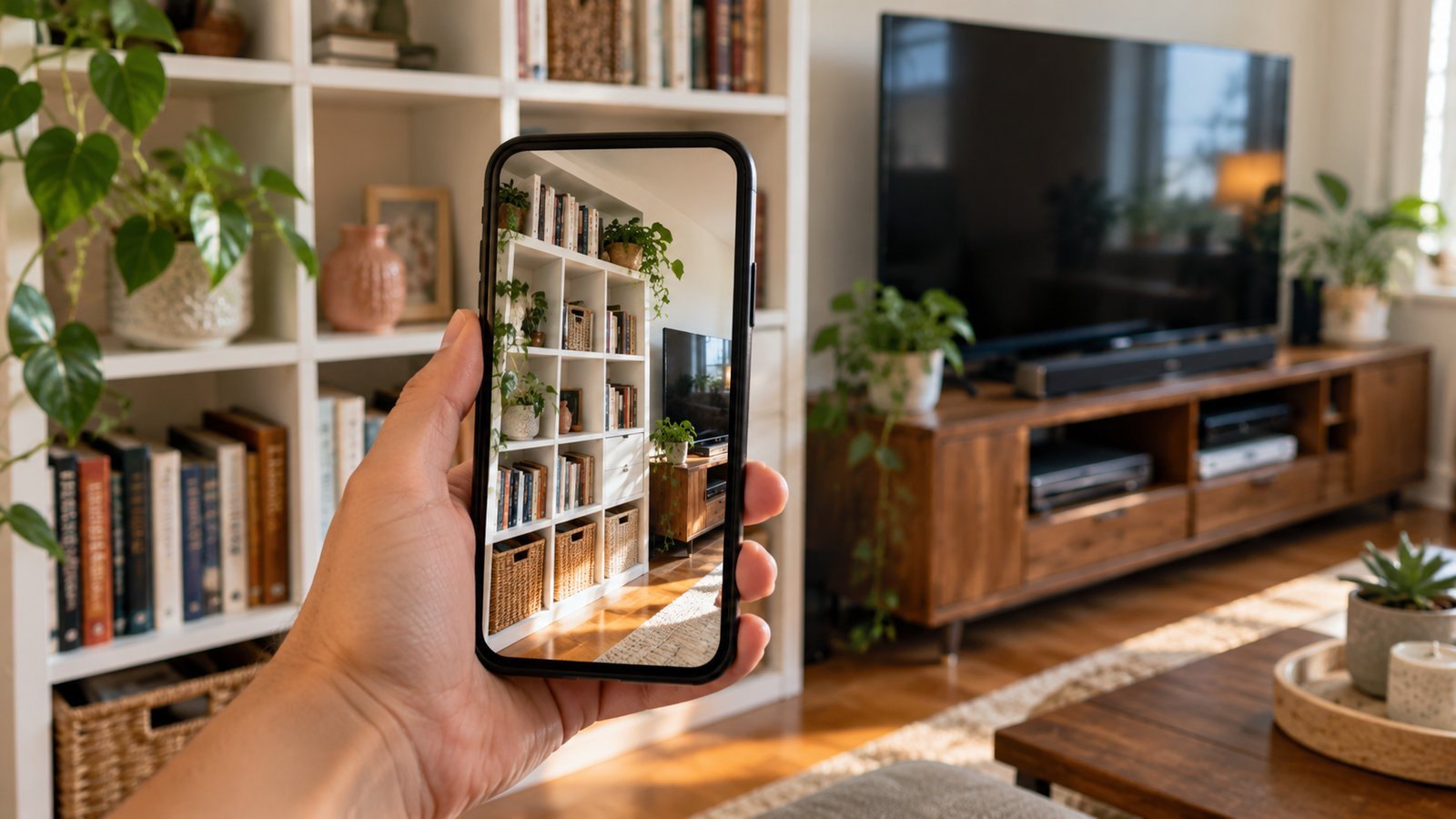A hand holding a smartphone photographing a bookshelf and electronics for a home inventory - Building a Home Inventory