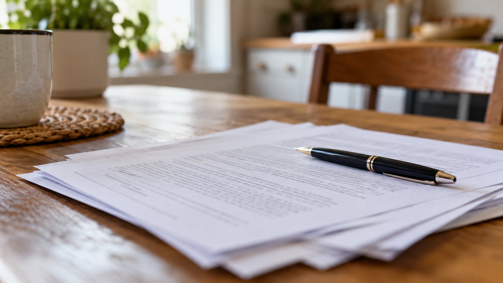 Policy-style papers with blurred print and a pen on a kitchen table - The Declarations Page: Where the Numbers Live