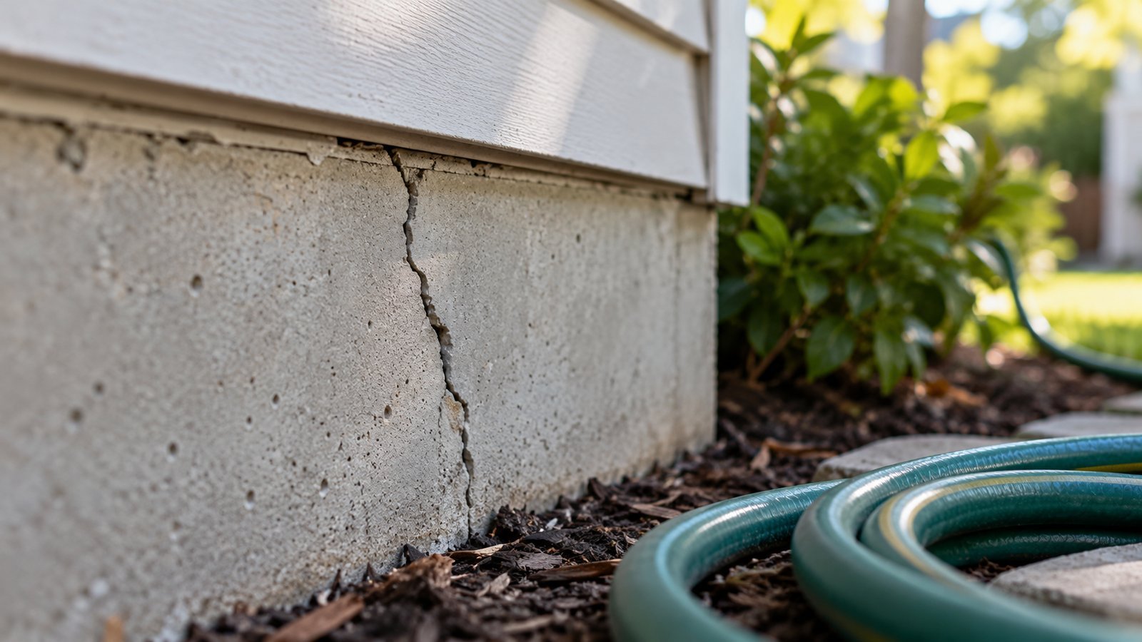 A close-up of a small crack in a concrete foundation next to a garden hose - What Standard Policies Commonly Exclude