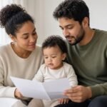 Young parents with their baby reviewing a term life insurance policy at home
