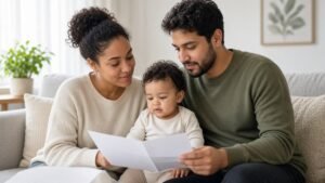 Young parents with their baby reviewing a term life insurance policy at home