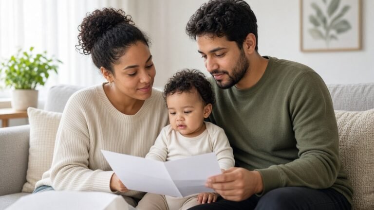 Young parents with their baby reviewing a term life insurance policy at home