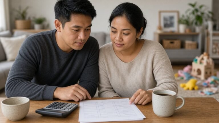 Couple at their dining table working through a life insurance needs worksheet with a calculator