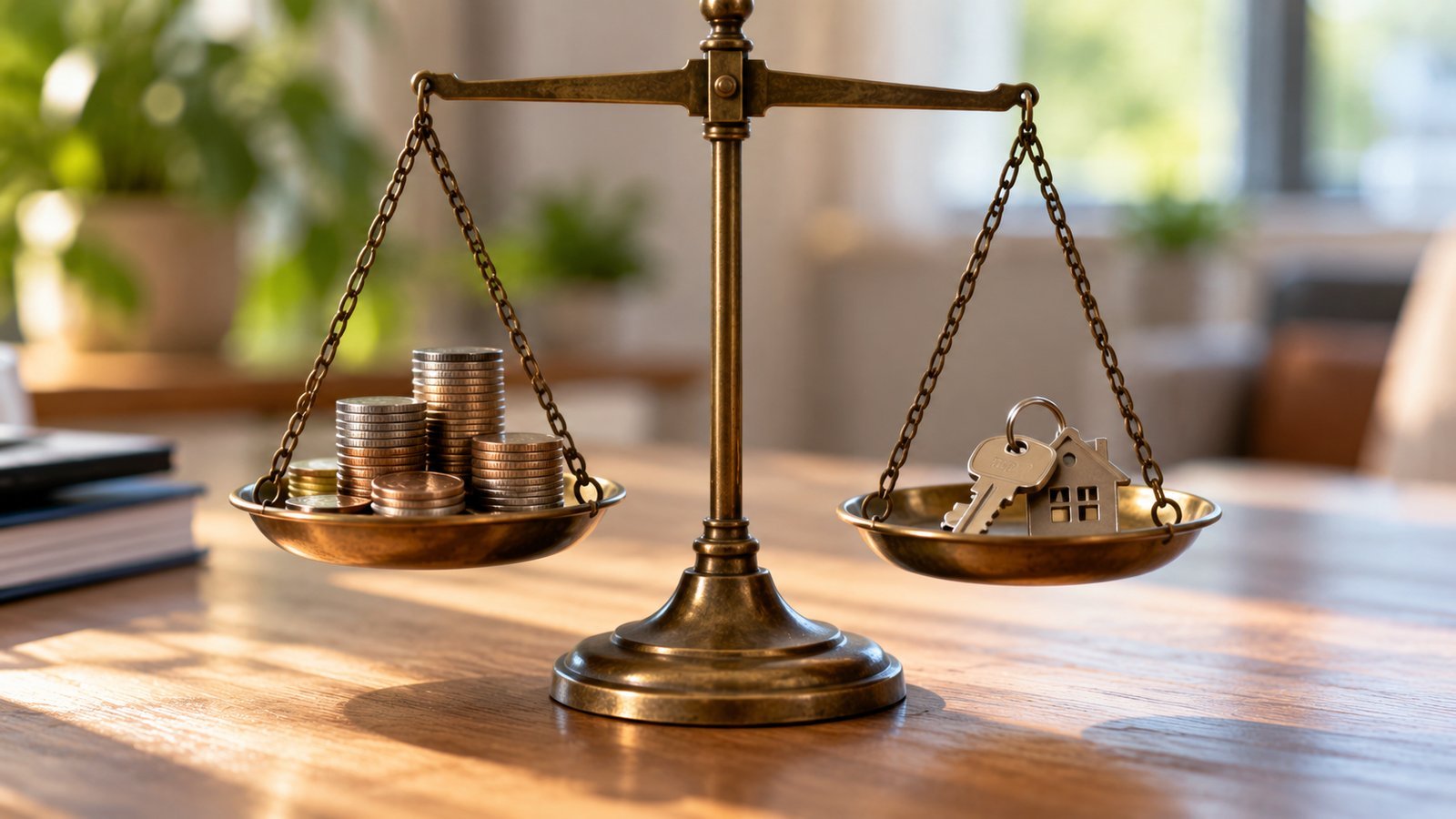 A balance scale with coins on one side and a house key on the other - Deciding How Much Coverage to Consider