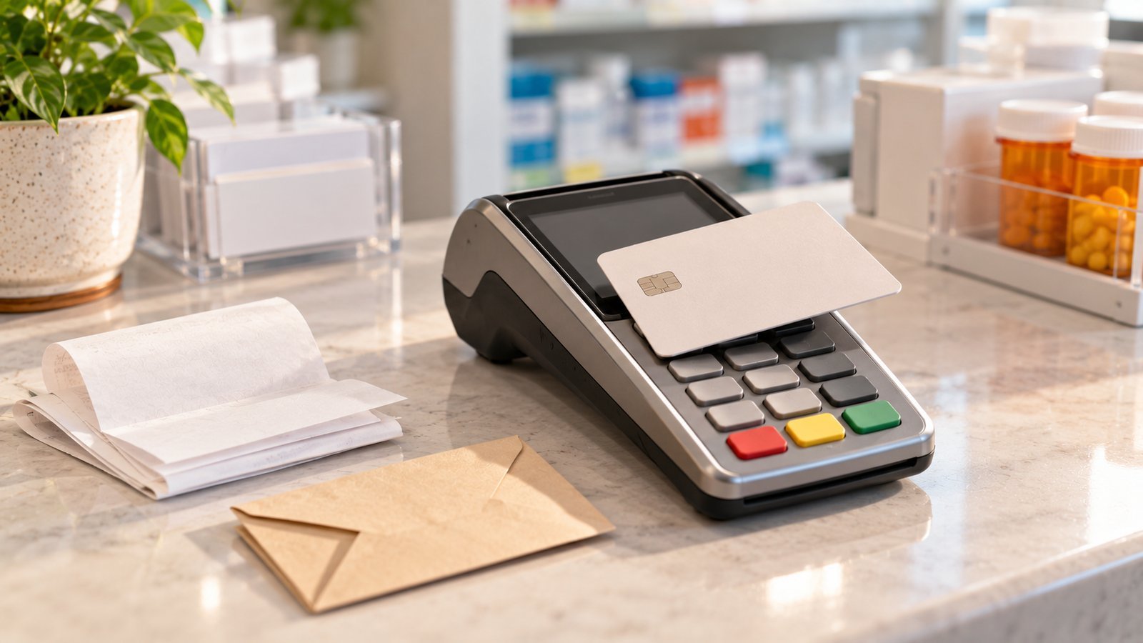 Plain payment card on a card reader with folded receipts and an envelope
