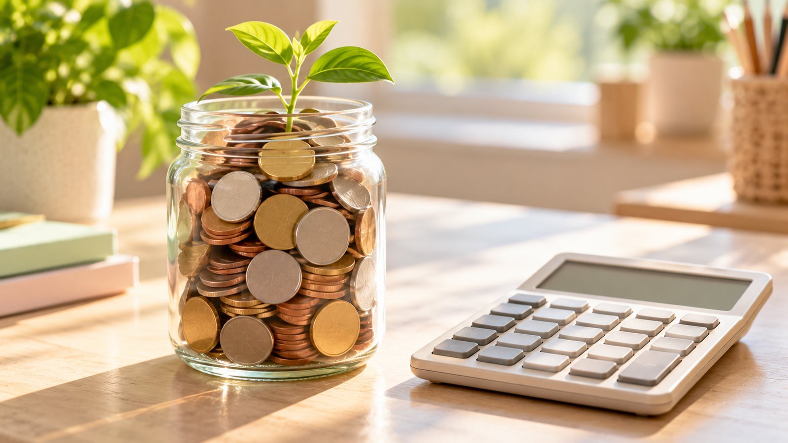 Glass jar of coins with a green sprout growing from it beside a calculator