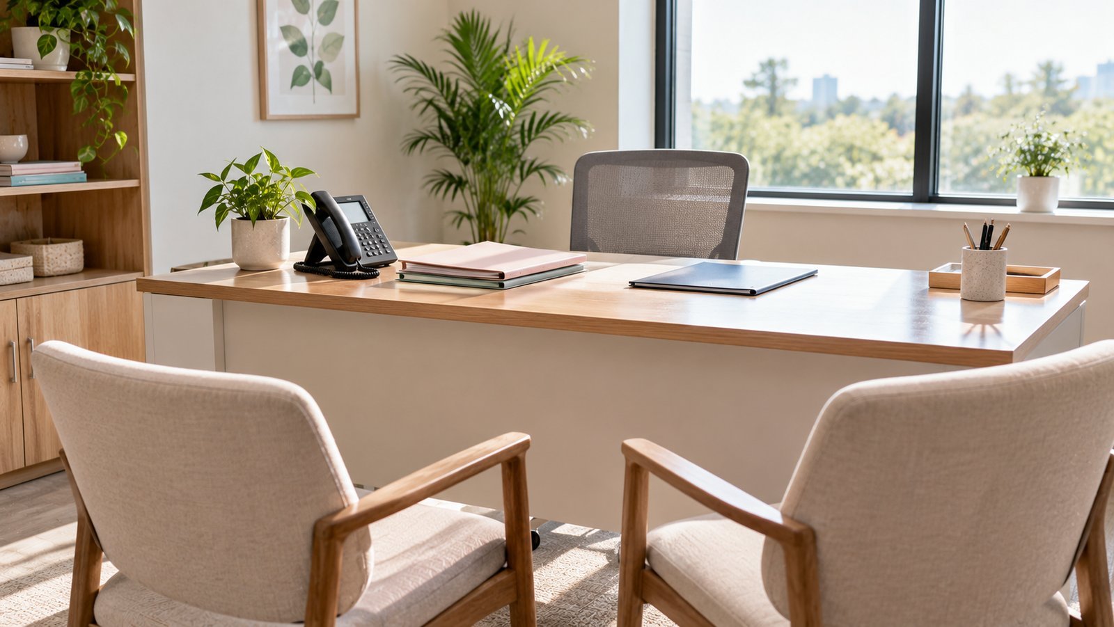 Empty consultation office with two chairs facing a desk with folders and a phone