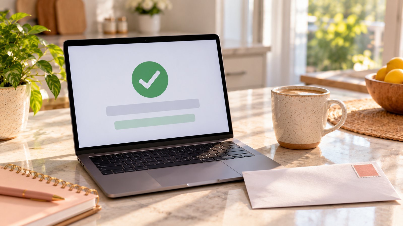 Laptop showing a payment confirmation checkmark next to an envelope and coffee mug