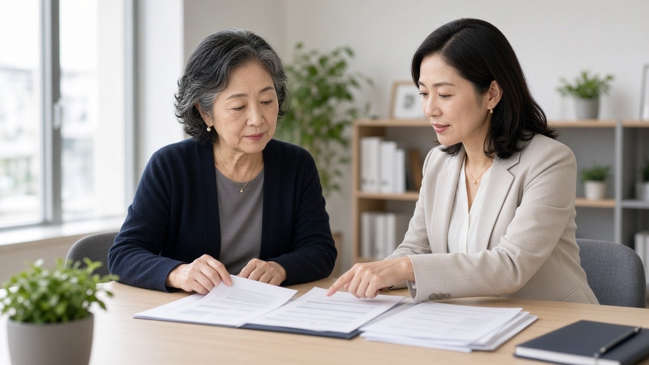 Woman in her sixties reviewing life insurance paperwork with an advisor