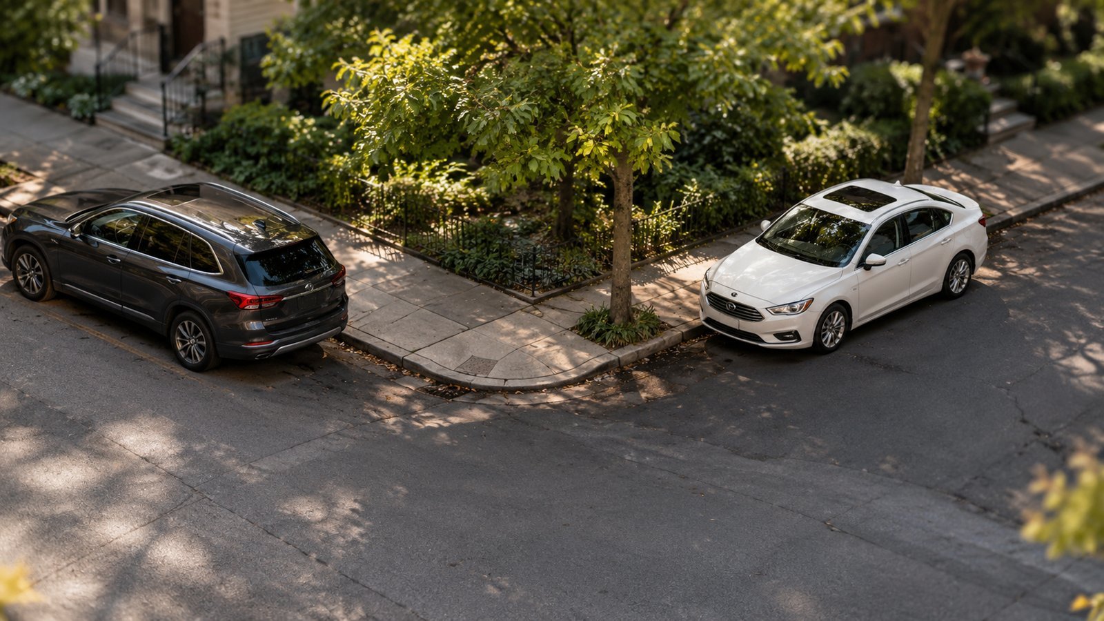 Aerial view of two parked cars at a quiet intersection, no plates readable - Liability Coverage: Protection for Harm You Cause