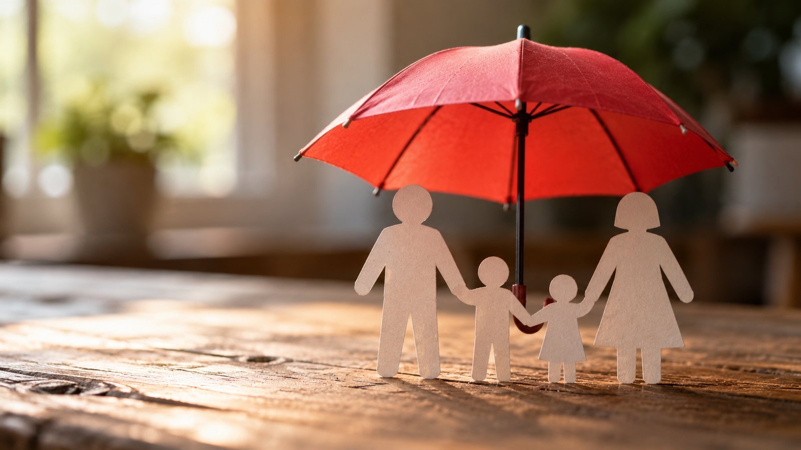 A paper cutout family of figures sheltered under a small umbrella on a wooden table - Term Life vs Whole Life Insurance: How the Two Main Types Differ