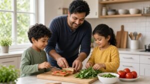 Stay-at-home dad making lunch with his two young kids in a bright kitchen