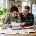 Couple at a kitchen table reviewing life insurance policy documents and paperwork together next to a laptop