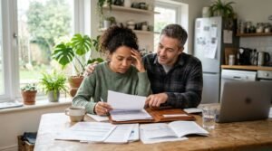 Couple at a kitchen table reviewing life insurance policy documents and paperwork together next to a laptop