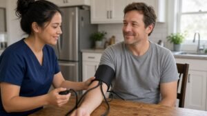 Examiner taking a man’s blood pressure at his kitchen table during a life insurance medical exam