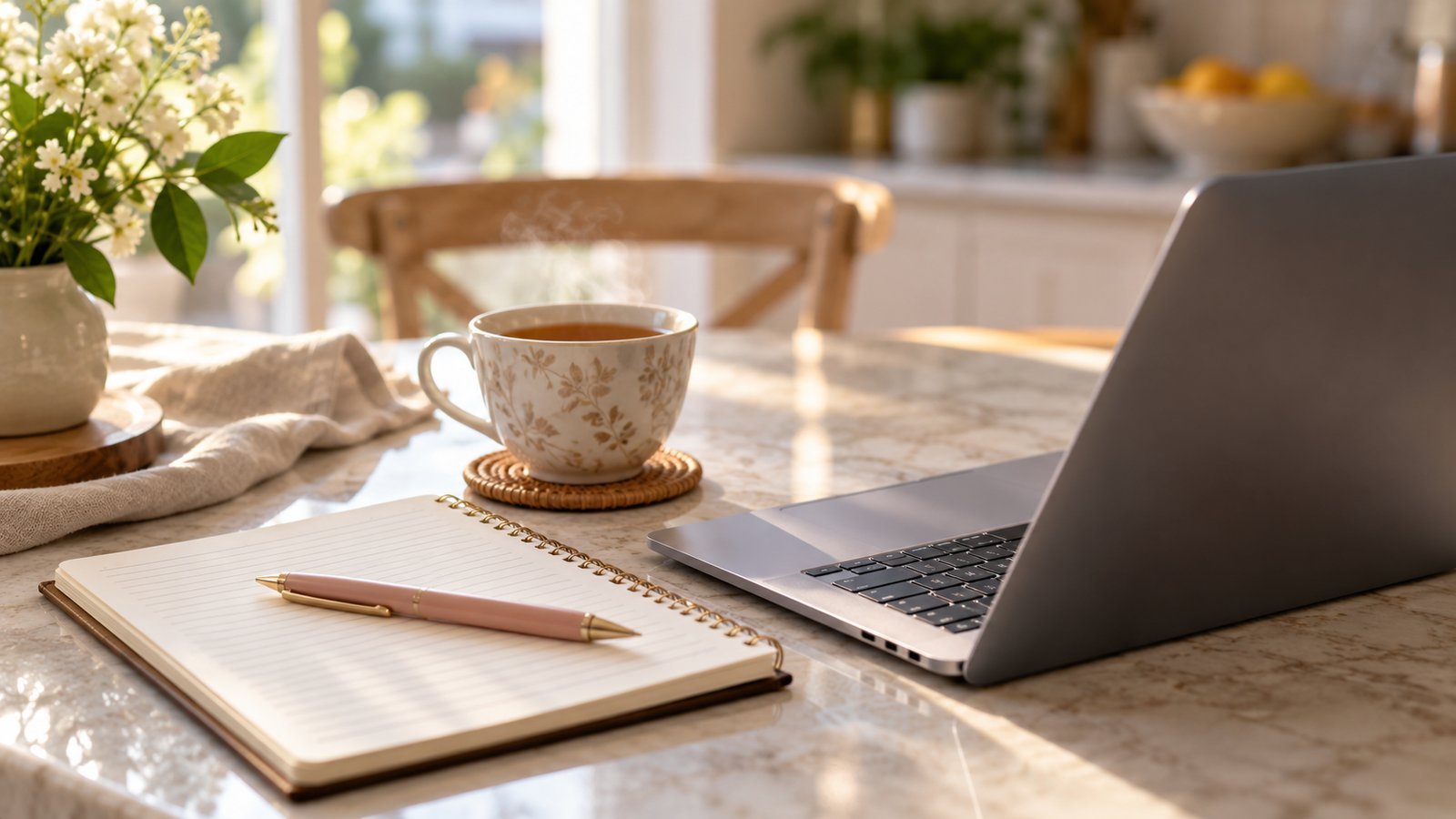 A notepad, laptop and cup of tea on a kitchen table in soft light - Questions Worth Asking Before Buying