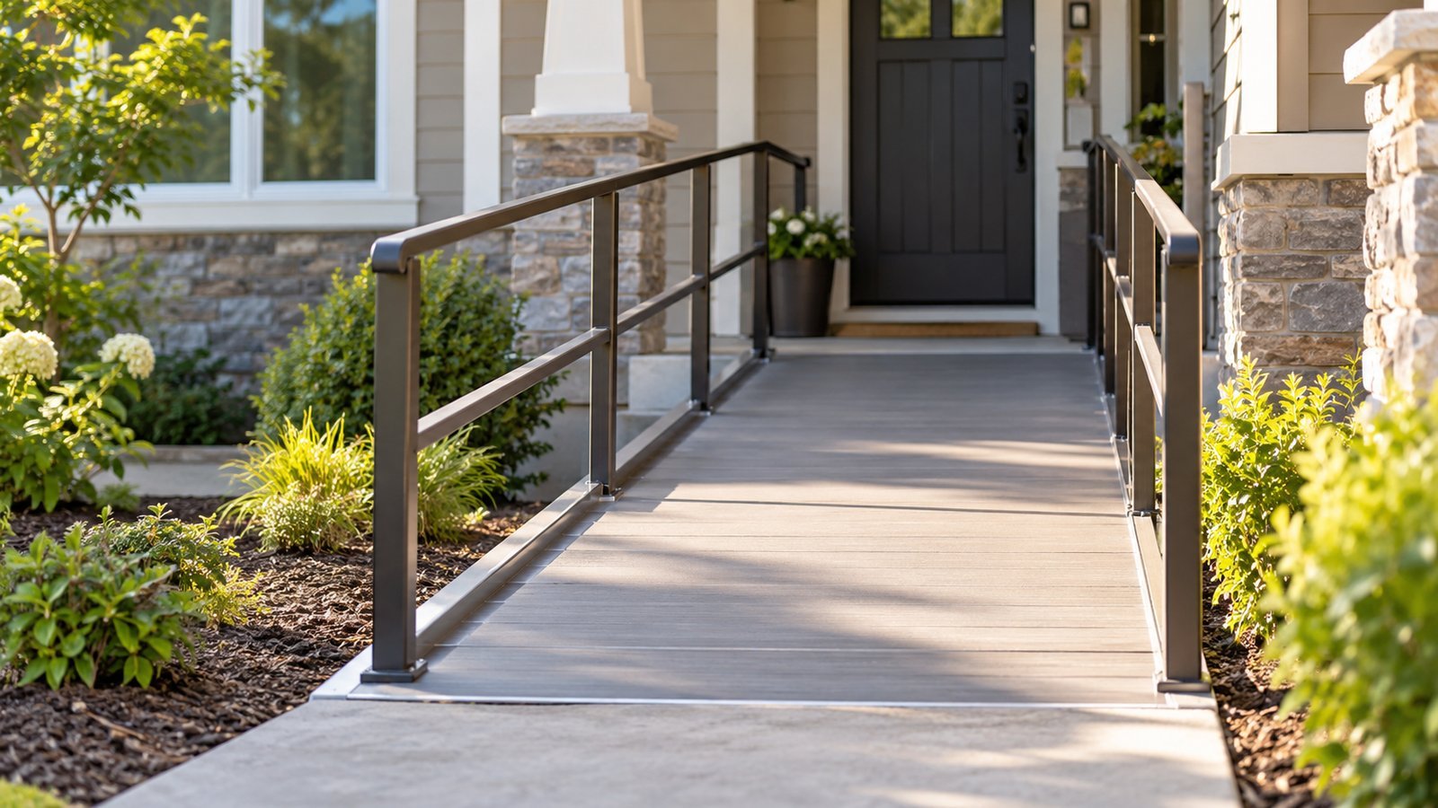 A home entrance ramp in daylight leading to a front door, no people - Long-Term Disability
