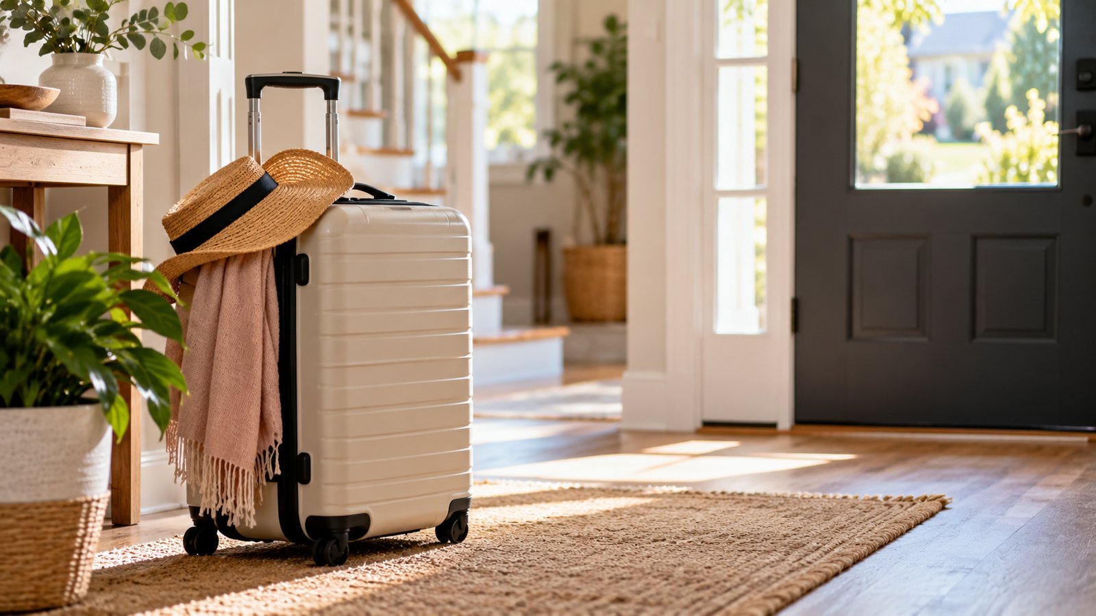 A packed suitcase by a front door in a bright hallway, no people - Living Expenses, Liability and Medical Payments: D, E and F